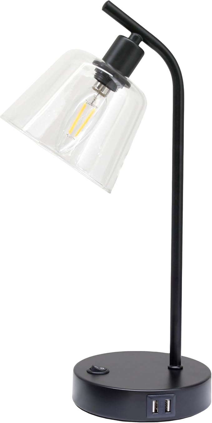 Simple Designs LD1074-BLK 15.75" Sleek Essentials Modern Industrial Metal Desk Lamp with Clear Glass Shade and Dual USB Ports, for Office, Desk, Nightstand, Dorm, Black