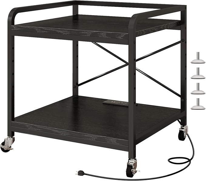 METYERRY Under Desk Printer Stand with Power Outlet,2 Tier Large Printer Table with Adjustable Shelf,Rolling Printer Cart with Industrial Wheels for Home Office,20"×20" Black