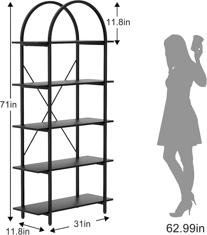 Arbuxzuy Arched Bookshelf 5 Tier Book Shelf, 31.5 Inch Width Industrial Arch Bookcase, Curved Tall Bookshelf with Open Shelves for Home Office, Living Room, Bedroom, Black