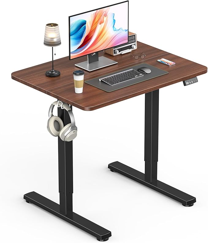 Standing Desk, Height Adjustable Electric Stand up Desk, 31.5 x 24 Inches Sit Stand Home Office Desk with Splice Board, Black Frame/Walnut Top