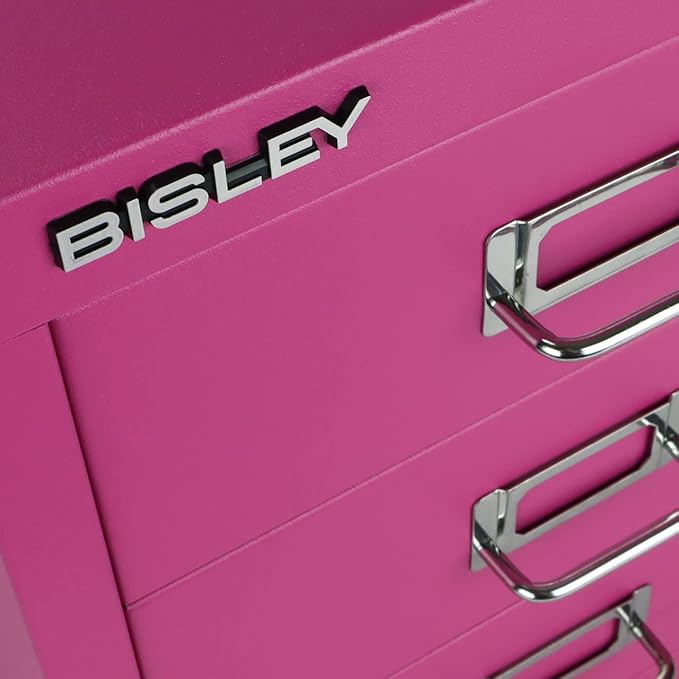 Bisley 3-Drawer Steel MultiDrawer Cabinet - Fuchsia, Chrome Pull Handles with Label Holders, Powder-Coated Steel, Removable Drawers, Desktop Storage, Labels Included