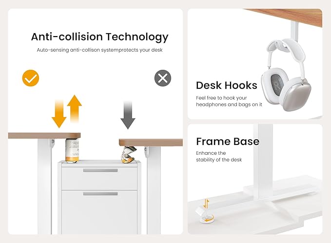 BANTI 63 × 28 Inches Standing Desk, Ergonomic, Electric Height Adjustable, Sit and Stand Up, Computer Desk with a Deeper Desktop, White Frame/Light Rustic Top