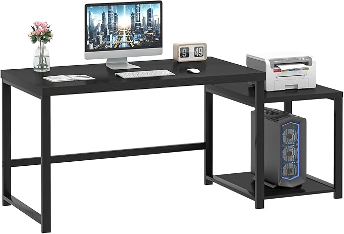 FOLUBAN Large Home Office Desk, Black Computer Desk with Storage Shelves, Modern Wood Writing Study Gaming Table for Bedroom Living Room, 63 Inch