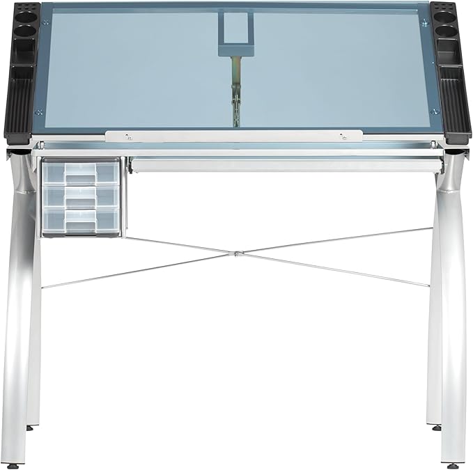 SD Studio Designs 10050 Futura Craft & Drawing Table with Adjustable Tempered Safety Glass Top – Modern Art Desk with Storage Drawers, Pencil Ledge, Silver/Blue Glass