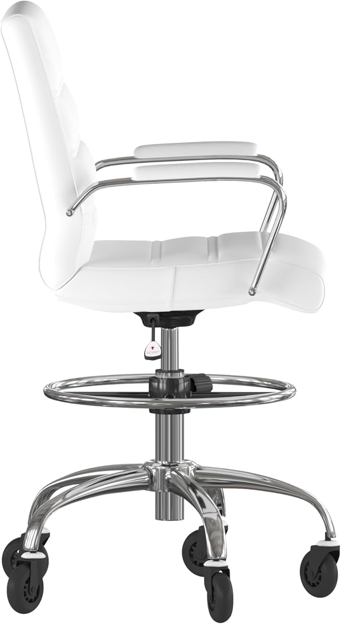 Flash Furniture Lexi Mid-Back Drafting Chair with Adjustable Foot Ring - White LeatherSoft Upholstery - Chrome Base - Roller Wheels