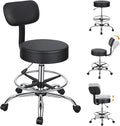 Drafting Stool with Backrest, Height Adjustable Drafting Chair Rolling Stool Faux Leather Swivel Stool, Footrest Ring Tall Work Stool Counter Height Office Salon Studio Lab Chair (Black)