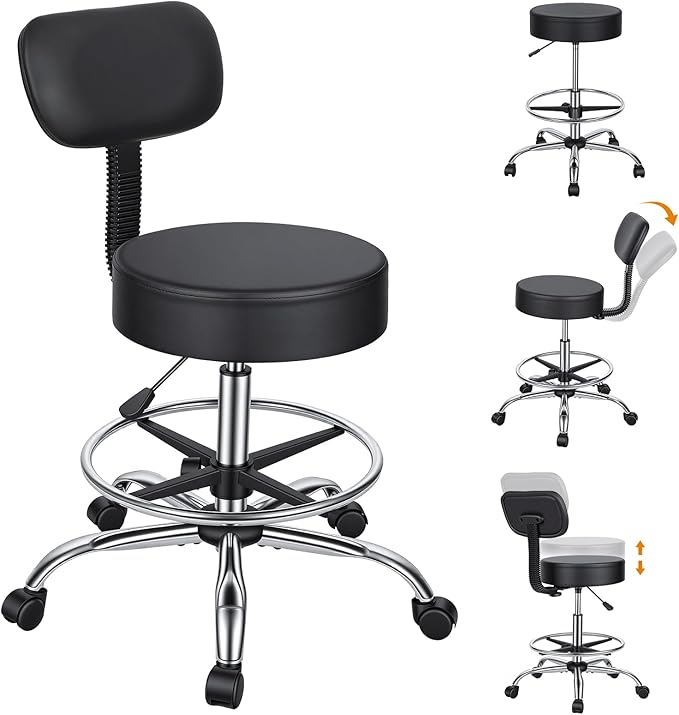 Drafting Stool with Backrest, Height Adjustable Drafting Chair Rolling Stool Faux Leather Swivel Stool, Footrest Ring Tall Work Stool Counter Height Office Salon Studio Lab Chair (Black)
