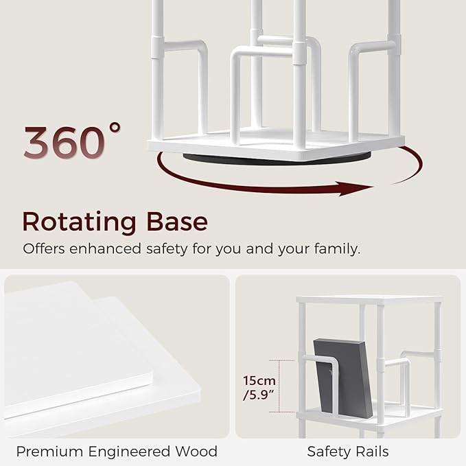 MAHANCRIS 4-Tier Rotating Bookshelf, Freestanding Corner Bookshelf, 360° Spinning Bookcase, Industrial Style Storage Rack with Rails, for Living Room, Bedroom, Study, White BKWT1501