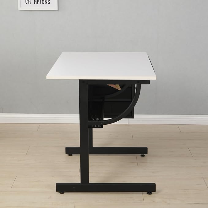 Wood Drafting Table and Stool Set, Drawing Table Artist Desk with 3 Storage Drawers for Home Office and School (White+Black)