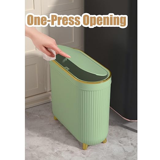Yatmung Slim Bathroom Trash Can with Lid - Small Plastic Waste Paper Basket - Press-Top Trash Bin for Bedroom, Home Office, Narrow Space - 3.2 Gallon Decorative Garbage Can - Mint Green with Gold Legs