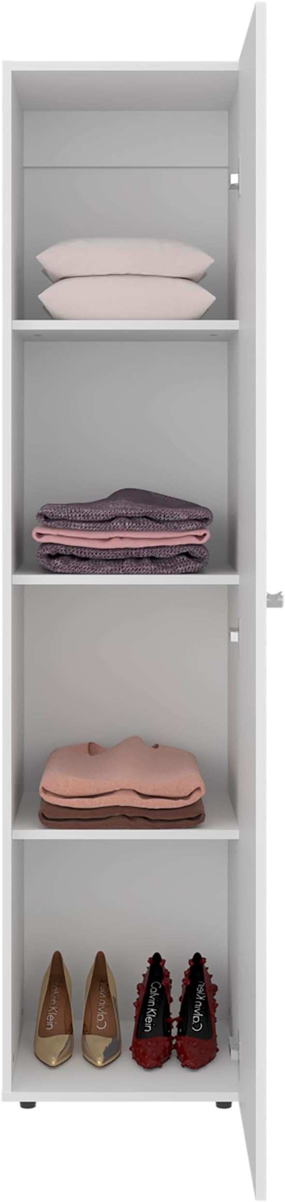 Saily Storage Cabinet with 4 Shelves and Mirror on Door, Modern Design, White Mirror on Door: Includes a full-length mirror, making it convenient for quick outfit checks. Easy Access: Features a si