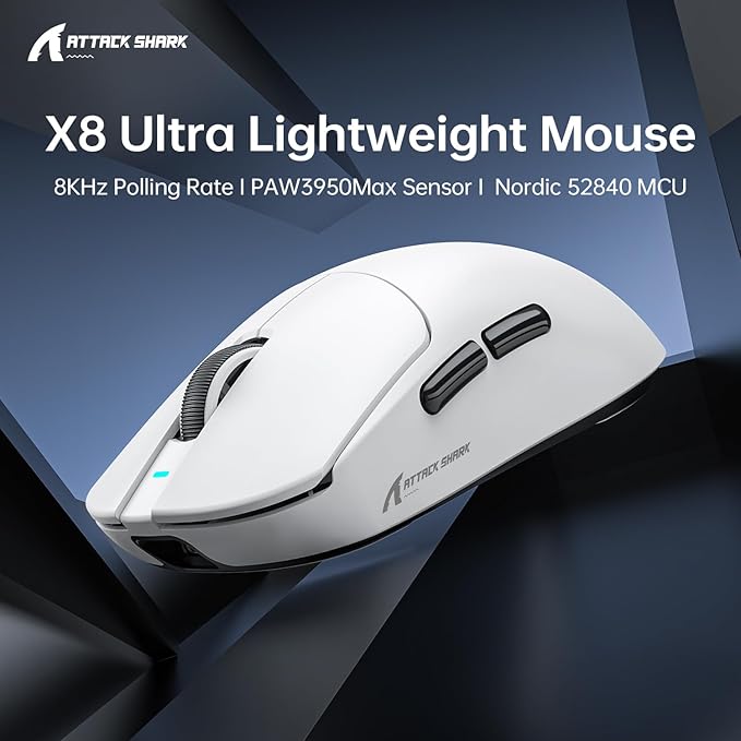 ATTACK SHARK X8 Ultra Wireless Gaming Mouse,55g Ultra-Lightweight BT/2.4GHz Wireless/Wired Mouse,8K Polling Rate,PixArt PAW3950MAX Sensor,42000 DPI,Tape,Gamer Mice for PC/Win/Mac/Big Hand (White)