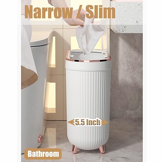 Yatmung Small Bathroom Trash Can with Lid - Slim Decorative Garbage Can - Press-Top Trash Bin for Bedroom, Home Office, Narrow Space, Plastic - 12 Liter Waste Paper Basket - White with Rose Gold Legs