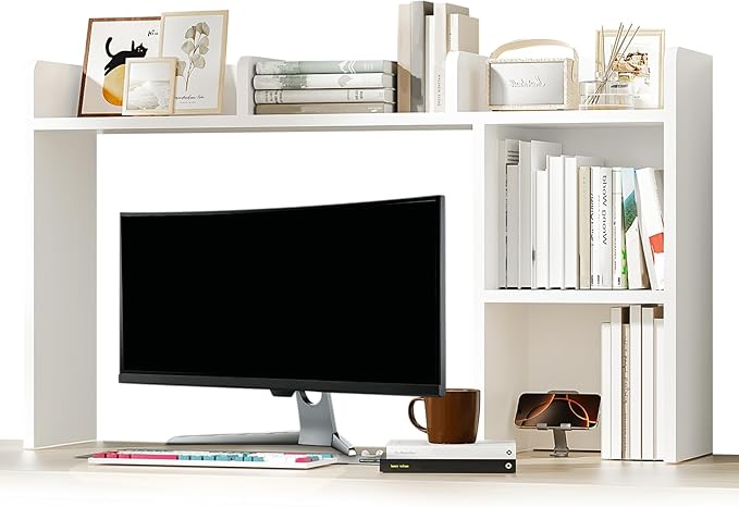 AQQHSAIN Desk Storage Hutch Wood Desktop Book Shelf with 5 Shelves Countertop Desk Hutch for Computer Multipurpose Desk Display Rack Desk Shelf Storage Organizer for Office Dorm Office Home