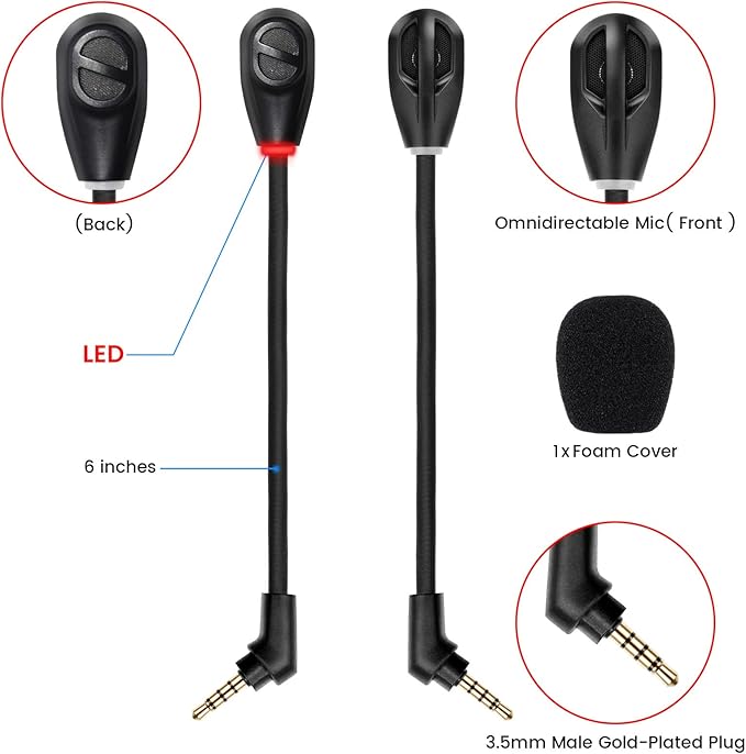 Microphone Replacement for Kingston HyperX Cloud Flight/Flight S Wireless Gaming Headset, Detachable Mic Boom with LED Mute Indicator on PC PS5 PS4 Xbox Series X/S