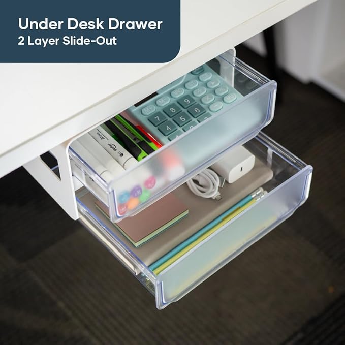MariaMMDI I Self-Adhesive Under Desk Drawer Organizer with Slide-Out I Under Desk Storage with 2 Wide Layers I Office or Home Organization Must Haves