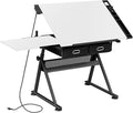 Drafting Table Drawing Desk w/Power Outlet, Art&Craft Work Station Height Adjustable Tilting Tabletop Craft Table Desk w/Stool and 2 Storage Drawers for Home Office, White