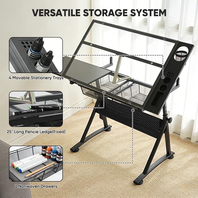 Magshion Professional Drafting Table for Teens w/Stool, Tilting GlassTabletop & Adjustable Height, Art Craft Desk Watercolor Paintings Sketching Work Station for Studio Home Office School (Clear)