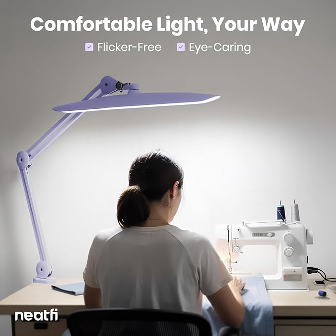 Neatfi XL 2200 Lumens 20W LED Desk Lamp with Clamp – Adjustable Color Temperature | 4-Level Dimmable Light | Home Office, Crafts & Workbench | 20-Inch Wide Head (Lavender, CCT with Clamp)