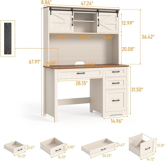 Farmhouse 67" H Executive Desk with Hutch,Office Table with LED light and 4 Drawers,Computer Desk with Charging Station,File Drawers and Storage Cabinet,Workstation for Home Office.Unique White