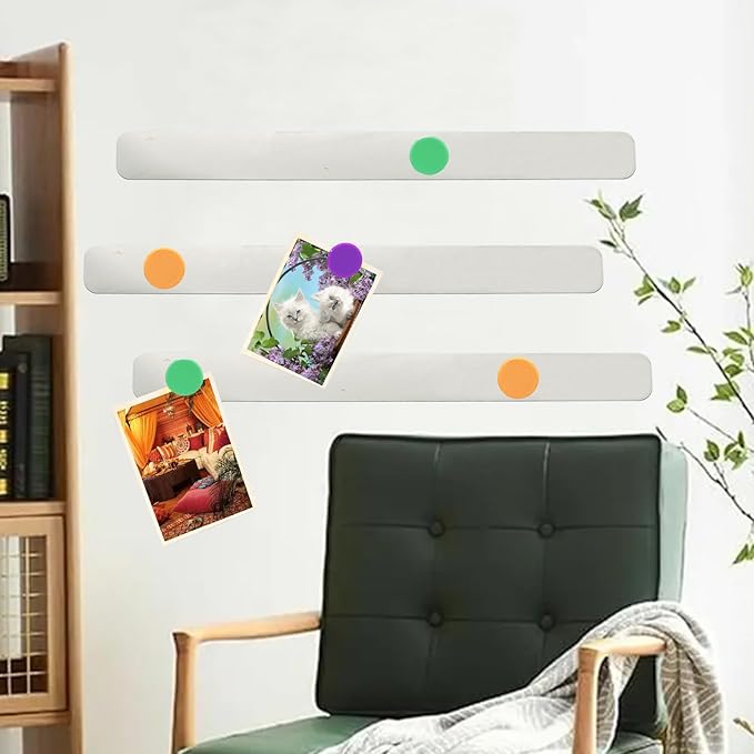 Magnetic Board Strip Frameless Stainless Steel Iron Strips with Adhesive Backing, 2PCS Magnetic Bulletin Bar Memo Board with 10PCS Colorful Magnets for School, Office, Home, Refrigerator & Wall
