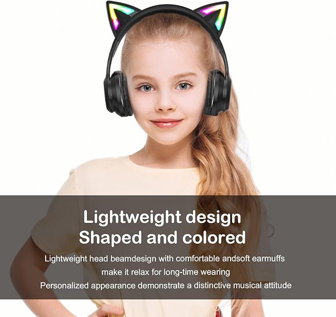 Bluetooth Cat Ear Headphones for Kids & Adults, Wireless & Wired Mode Foldable Headset with Mic - Clear Sound Quality - RGB LED Light, for Girls School Gaming, for Phone/Laptop/PC/Tablet, Black