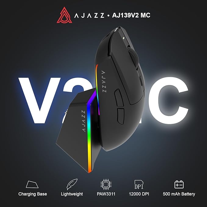 AJ139 V2 MC Wireless Gaming Mouse 2.4G Wired/Bluetooth | RGB Magnetic Charging Dock | Lightweight Design | 12K DPI | 500mAh Battery | PAW3311 Sensor | 5 Programmable Buttons, Compatible with PC/Mac