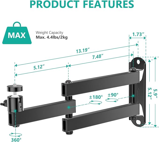 WALI Mini Foldable Projector Wall Mount with 360° Rotating Gimbal, Fully Adjustable Wall/Ceiling Mount Bracket for 1/4" M4 M6 Screw Projectors, Small Projector Holder up to 4.4lbs (1330LM-PM), Black