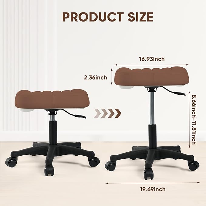 Height Adjustable Foot Stool,Large Seat Under Desk Footrest,Swivel Rolling Chair Sturdy Wheels,Ottoman Stool Simple Meeting Chair for Home Office,Brown