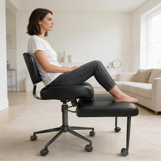 Ergonomic Cross Legged Office Chair with Footrest, 360° Swivel Height Adjustable PU Criss Cross Chair, Wide Seat & Back Support for Home Office, ADHD, Black