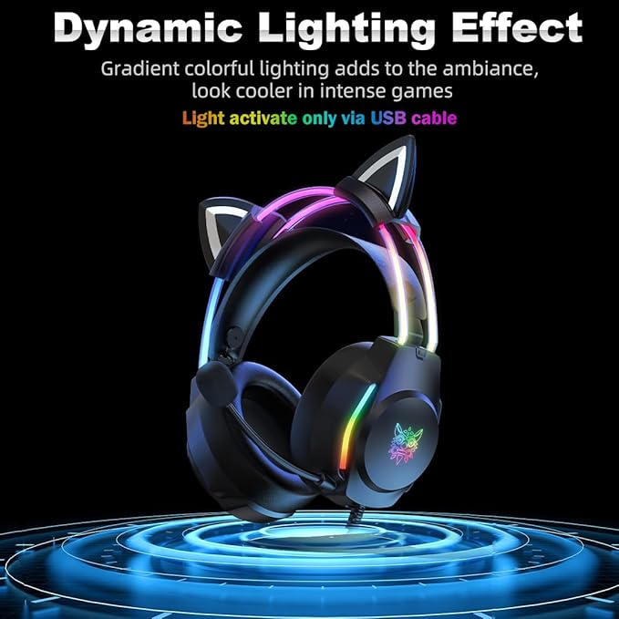 Gaming Headset with Microphone, Cat Ear Headphones for PC Laptop PS4 PS5 Xbox Switch, Rainbow RGB Lighting & Virtual Surround Sound, 3.5mm Wired Over Ear Headphones, Ergonomic