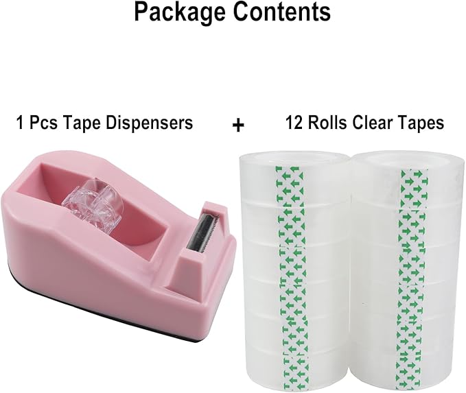 Desktop Tape Dispenser,1 Pack Pink Tape Dispensers with 12Rolls Transparent Tape, for Packaging in Office,Restaurant, Flower Shop,Cake Shop (Pink)