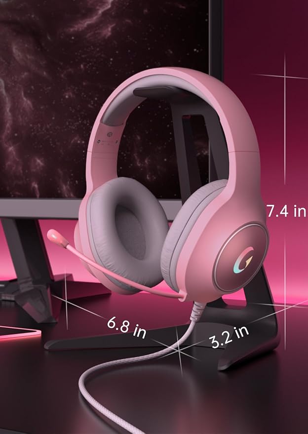 syndesmos CM7002 Gaming Headset for PS5, PS4, PC, Mac, Switch, Xbox Series, Surround Sound RGB Gaming Headphones with Noise Canceling Microphone, 50MM Dynamic Drivers, 3.5MM Audio Jack, Light Pink