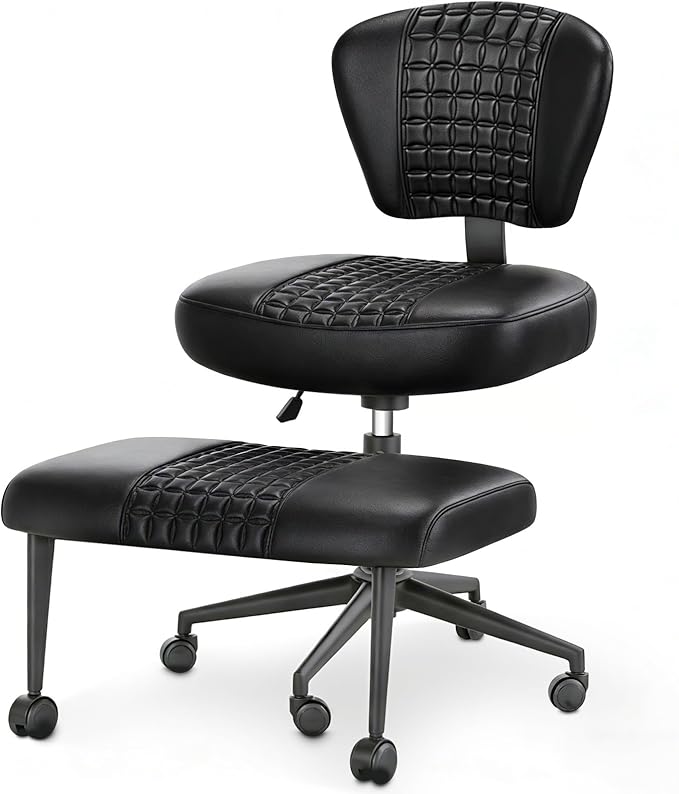 Ergonomic Cross Legged Office Chair with Footrest, 360° Swivel Height Adjustable PU Criss Cross Chair, Wide Seat & Back Support for Home Office, ADHD, Black