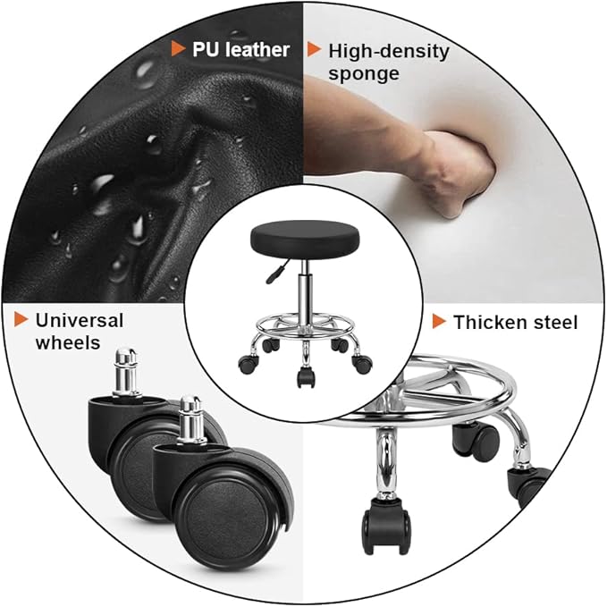 KKTONER PU Leather Round Rolling Stool with Foot Rest Swivel Height Adjustment Spa Drafting Salon Tattoo Work Office Massage Stools Task Chair Cushion 14 inches (Black)
