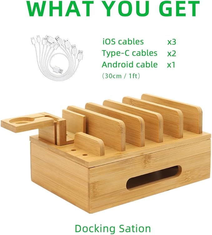Bamboo Charging Station with Watch Stand, Desktop Charging Station Organizer, Wood Docking Station for Phones, Tablets, Watch, Earbuds (No Power Supply)