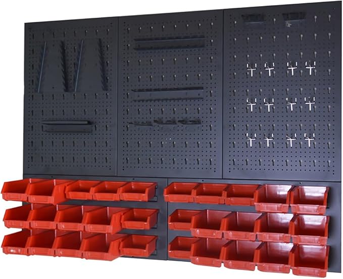 JZD Steel Pegboards Wall Organizer System with Accessories, Tool Rack Included 5 Metal Panels, 10 Tool Holders, 12 Hooks & 30 Storage Red Plastic Bins, for Garage Workshop Home, Black