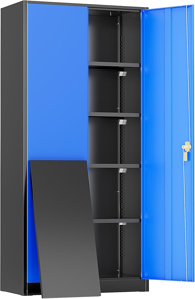 Greenvelly Metal Storage Cabinet, 72" Steel Garage Cabinet with Doors and Adjustable Shelves, Metal Cabinet with Lock,Tall Metal Office Storage Cabinet for Garage,Home Office,School (Black Blue)