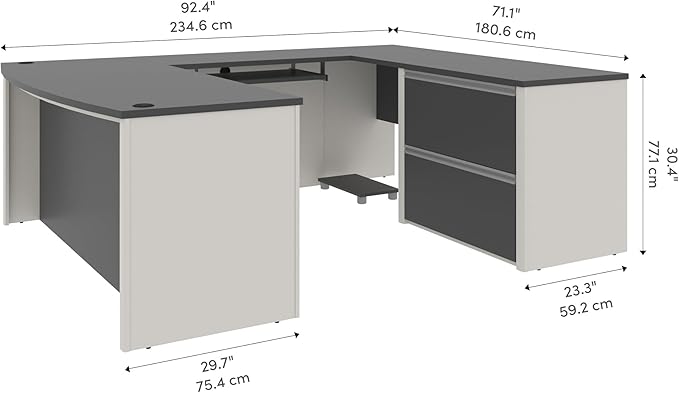 Atlin Designs Modern Wood U-Shape Home Office Desk Set, Slate Gray and White Finish, Commercial Grade with Pedestal, Ball-Bearing Slides, Grommets, 30.4"H x 71.1"W x 92.6"D, Functional Office Solution