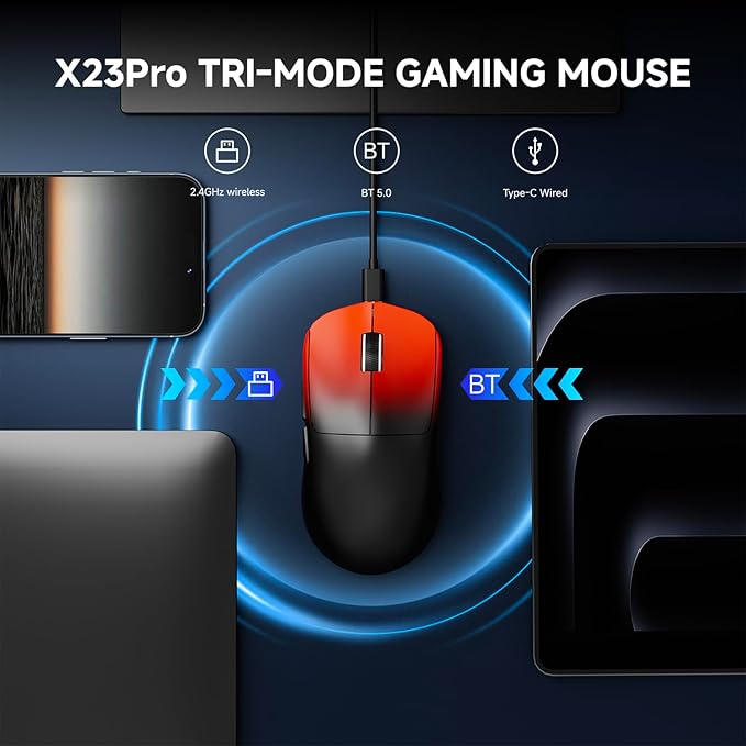 EWEAND X23 Pro Gaming Mouse, Tri-Mode 2.4G/USB-C/BT 5.4 Wireless Mouse, PAW3311 Sensor,12000 DPI, 59g Lightweight, Zero Delay, Ergonomic Computer Mouse with Anti-Slip Grip Tape for Laptop/PC/Mac-Red