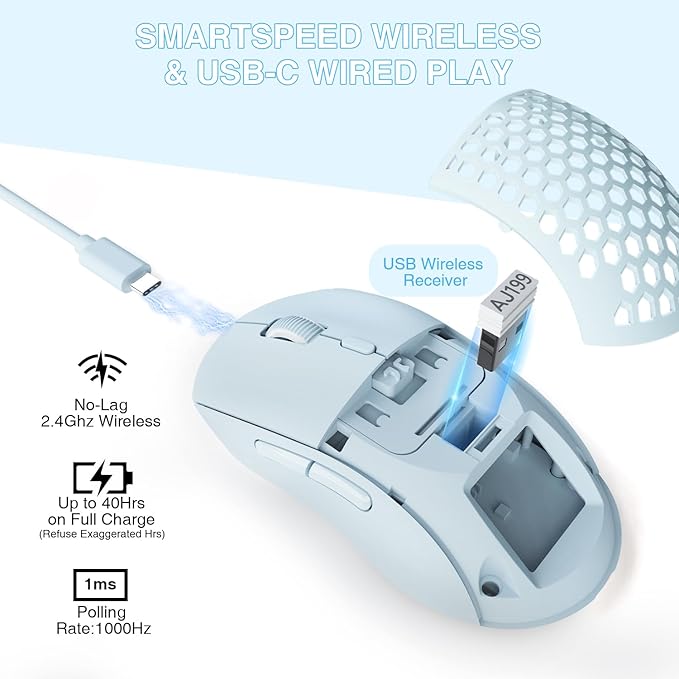 ATTACK SHARK AJ199 Wireless Gaming Mouse,59g Lightweight Ergonomic Computer Mouse,1000Hz Polling Rate,Up to 26000DPI,Double Modes PAW-3395 Optical Sensor,Programmable 6 Button for PC/Laptop/Win/Mac