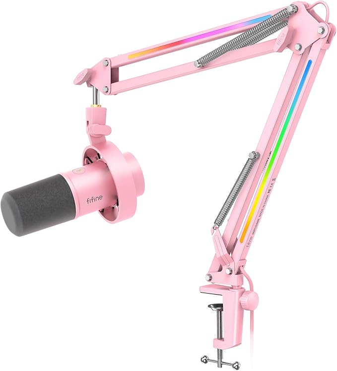 FIFINE Pink Podcast Microphone and RGB Mic Arm Bundle, XLR/USB Studio Dynamic Mic with Mute Button & Gain, RGB Adjustable Scissor Mic Stand with 3/8"-5/8" Adapter for Streaming, Gaming-K688P+BM38P
