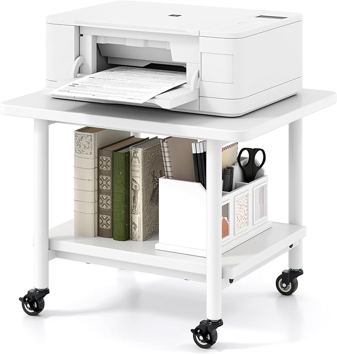 Giantex Under Desk Printer Stand, 2-Tier Mobile Printer Table with Storage Shelf, Lockable Wheels & Metal Frame, Rolling Printer Cart Holder, Storage Rack for Home Office Scanner Fax Machine (White)