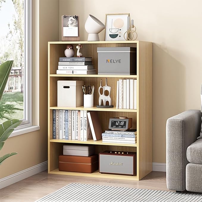 NELYE Basic Open Shelf Bookcase - 4-Tier Wooden Cube Storage Shelves Split Bookshelf, Oak
