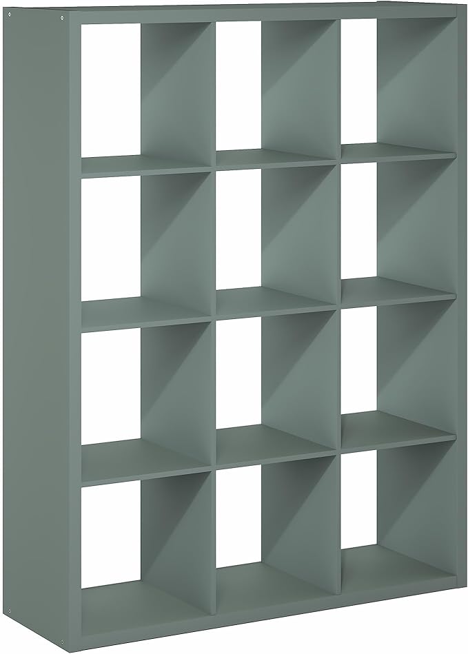 Furinno Cubicle Book Shelf, 12-Cube Bookshelf, Extra Thick Frame Reversible Bookcase with Open Back, 14.6" x 44" x 58", for Living Room, Bedroom, Home Office, Sage Green