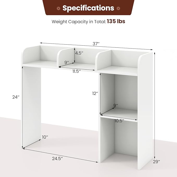 Desktop Bookshelf, 3-Tier Desk Hutch Shelf with 5 Display Rack for Computer Desk, Desk Organizer Shelves for Top of Desk, Dorm, Home, Office (White)