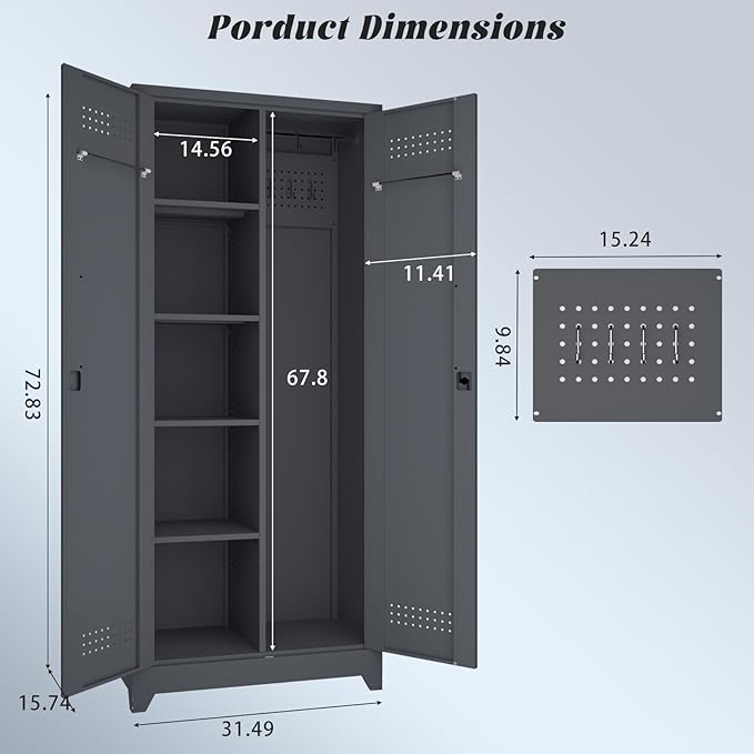 IRONFFICE Metal Utility Cabinet,Broom Closet Storage Cabinet with Hanging Rod,72" H Tall Storage Cabinets with 2 Doors and 4 Adjustable Shelves,Locking Storage Locker for Garage,Laundry Room,Grey