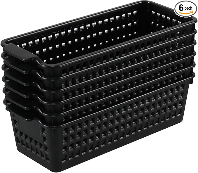 6 Pack Small Desktop Storage Baskets, Black Slim Plastic Storage Baskets