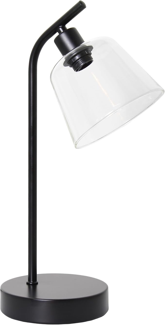 Simple Designs LD1080-BLK 16" Sleek Essentials Modern Industrial Metal Desk Lamp with Clear Glass Shade, for Office, Desk, Nightstand, Dorm Black