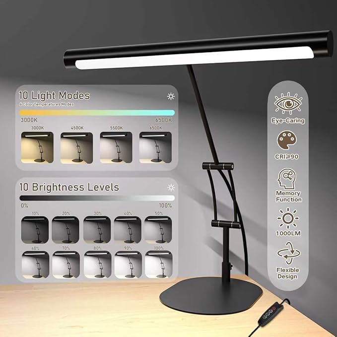 LED Desk Lamp for Home Office, Eye-Protecting Desk Light with Base，3 Color 10 Brightness Metal Table lamp,Suitable for Work, Study and Reading (Black)